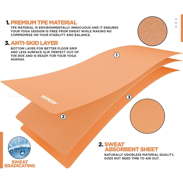 Килимок для йоги RDX TPE 6 мм нековзний 183x61 см помаранчевий