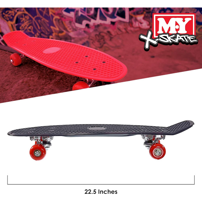 Чорний пластиковий скейтборд M.Y X-SKATE Complete 55,9 см для початківців, ретро скейтборд для дітей, підлітків та дорослих, вафельний стиль, кулькові підшипники ABEC 7 для трюків та круїзів