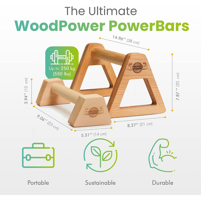 Дерев'яні паралетки WOODPOWER PowerBars, зручні для суглобів ручки для віджимань, стійки на руках і міні-бари, нековзкі для приміщень і вулиці для гімнастики, тренувань з власною вагою і йоги (набір XS XL)