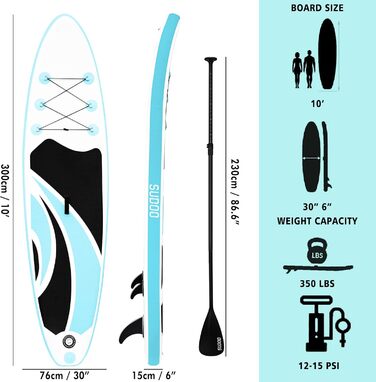 Надувна SUP-дошка SUDOO 10'/10.5'/11' x30/33'' x6'' ультралегка для дорослих і підлітків з рюкзаком, насосом, веслом, страховкою та трьома плавниками
