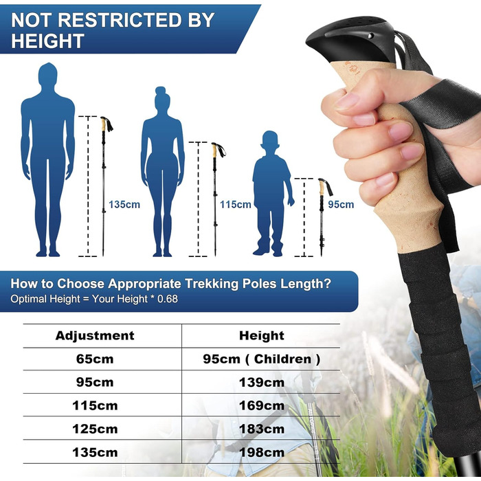 Палиці для скандинавської ходьби AUTOPkio, Туристичні палиці Регульовані палиці для ходьби Телескопічні 7075 Алюмінієві трекінгові палиці з гумовими бамперами для жінок і чоловіків, трекінгові (чорні)