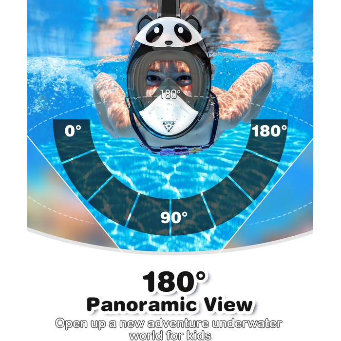 Маска для підводного плавання для дітей, панорамний вид 180, маска на все обличчя, безпечне дихання, маска для дайвінгу, без туману та герметична, підходить для дітей, подарунок (темно-чорний)