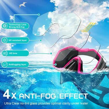 Набір iParaAiluRy Snorkel Set Дорослі окуляри для дайвінгу Дорослі з ширококутною оглядовою маскою проти запотівання, Окуляри для дайвінгу з трубкою Маска для підводного плавання дорослих для підводного плавання, плавання та дайвінгу (рожевий)