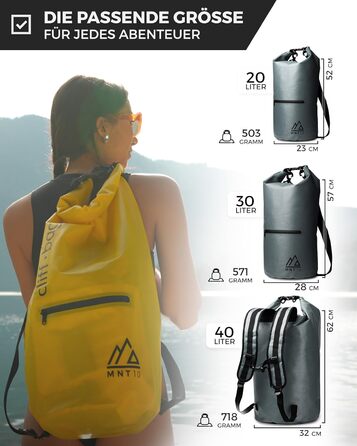 Сухий мішок 'Cliff-Bag в 20 л, 30 л, 40 л I Рюкзак для SUP, Каное, Байдарка I Водонепроникний сухий мішок з плечовими ременями I Речовий мішок водонепроникний I FREE Водонепроникний чохол для телефону (сірий, 40 літрів), 10