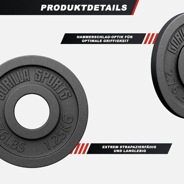 Вагові пластини GORILLA SPORTS Olympia - 1,25 кг, 2,5 кг, 5 кг, 10 кг, 15 кг, 20 кг, 25 кг, 30 кг, діаметр отвору 50 мм, чавун, одиночний/комплект - вагові пластини, набір вагових пластин, гантелі (1,25 кг)