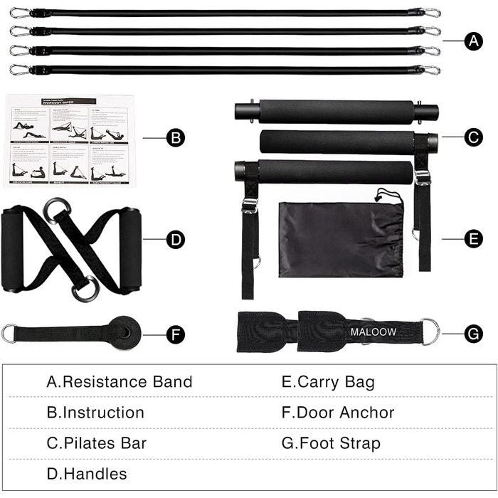 Набір регульованих штанг для пілатесу MALOOW зі стрічками опору, портативними палицями для вправ йоги та 2 комплектами стекових стрічок опору для тонусу м'язів, ніг, домашня студія, тренування всього тіла