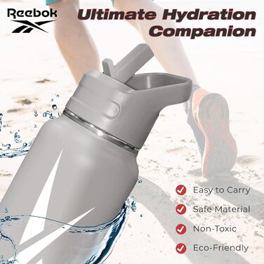 Пляшка для води Reebok 900 мл з нержавіючої сталі зі спортивним дизайном, подвійною стінкою, вакуумною ізоляцією та кришкою з трубочкою, BPA-free, сіра з білим логотипом
