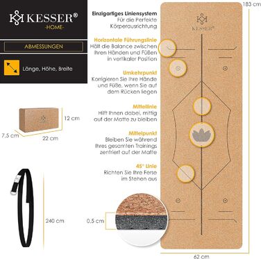 Килимок для йоги KESSER Пробка + сумка + блок, 183 x 62, нековзний TPE