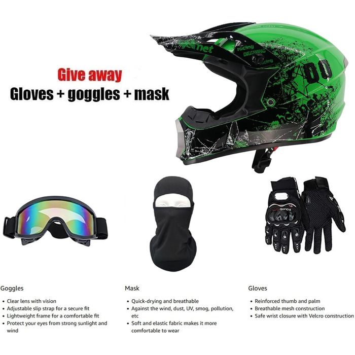 Дитячий і дорослий мотокросовий шолом Fullface для MTB, Downhill, BMX, мотоцикла, з окулярами і рукавичками