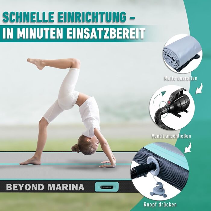 Гімнастичний надувний мат BEYOND MARINA 4м, 10см, з насосом, для дому, тренувань, фітнесу та йоги, м'ятний, карбон