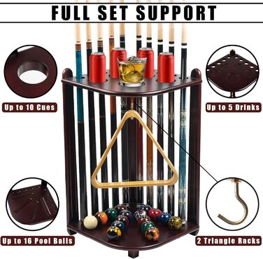Тримач для більярдних палиць Підлогова підставка, 10 київ для більярду з масиву дерева, Аксесуари для більярдного столу (червоне дерево)