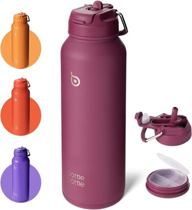 Спортивна пляшка bottlebottle 1л, нержавіюча сталь, ізольована, з трубочкою та контейнером для таблеток, червона