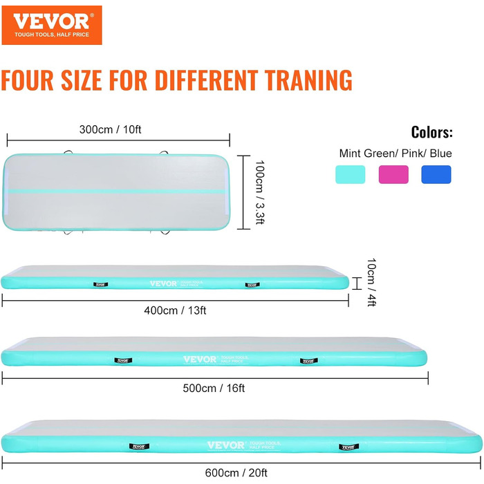 Надувний гімнастичний килимок VEVOR Gym Mat 3/4/5/6 M, надувний килимок з електронасосом, килимки для домашнього використання/тренажерного залу/йоги/черлідингу (зелений, 300 x 101 x 10 см)