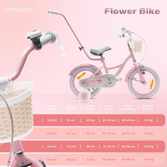 Велосипед Sun Baby Bicycle Flower, колеса на вибір, зі штангою, 2-6 років