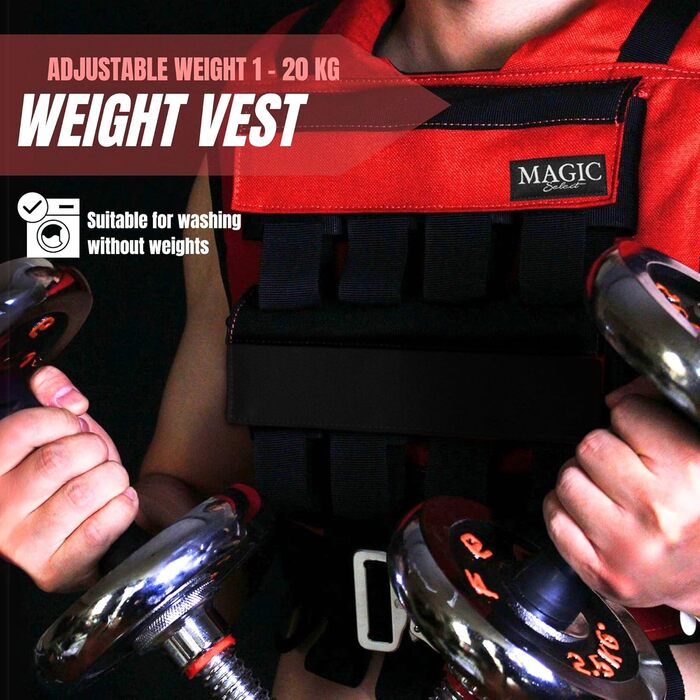 Універсальна обтяжувальна жилетка MAGIC SELECT 20 кг, регульована, тканинна, для чоловіків і жінок, для силових тренувань, бігу, домашнього спортзалу, червона
