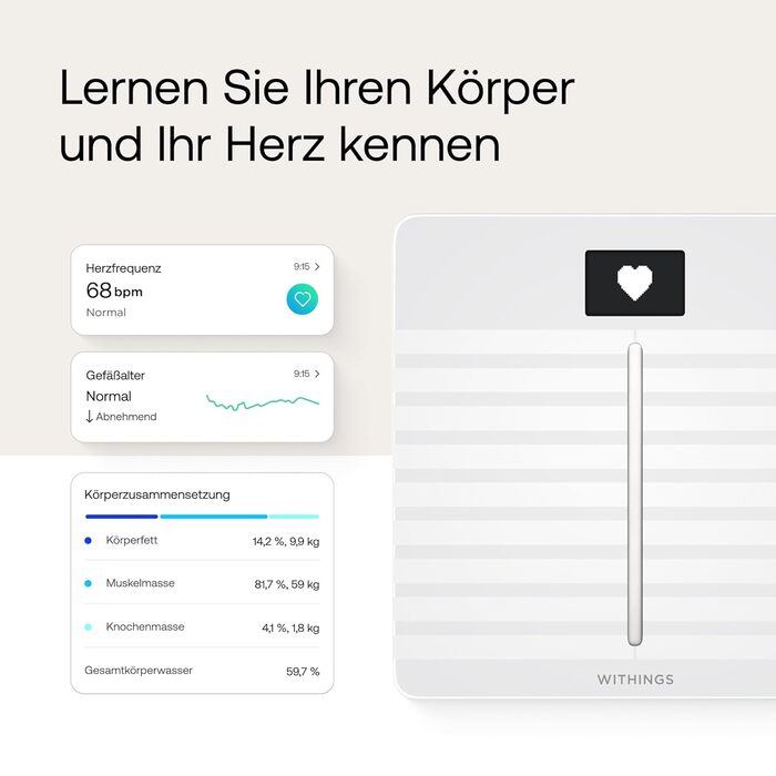 Розумні ваги зі шкалою жиру в організмі, вимірюванням частоти серцевих скорочень, судинного віку, ІМТ, жиру в організмі, м'язової маси та відсотка води - White Body Cardio White