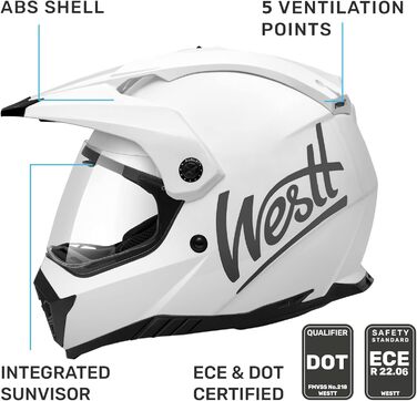 Мотошолом Westt Fullface для мотокросу, MTB, ендуро, квадроцикла, інтегральний, з подвійним візором і сонцезахисною шторкою, сертифікат ECE, білий глянцевий, XL (61 см)