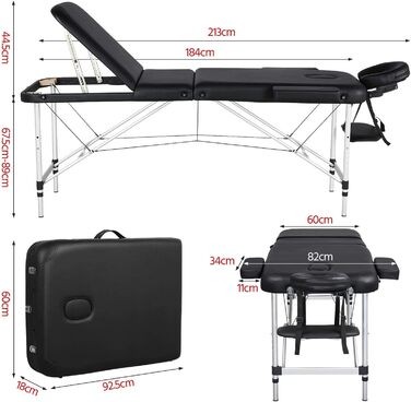 Масажний стіл Yaheetech Масажне ліжко Розкладний терапевтичний стіл Масажний стіл 3 зони Ергономічний масажний стіл з підголівником і підлокітниками, шириною 70 см, (213 x 82 см, чорний)