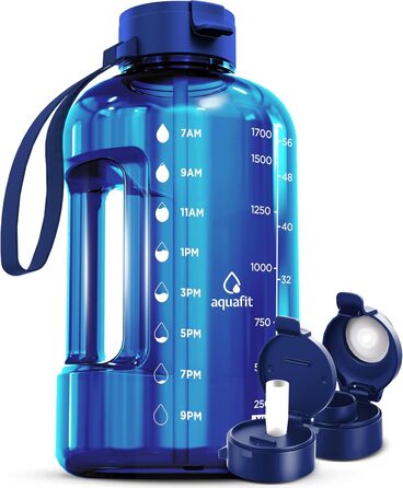 Пляшка для води AQUAFIT з позначками часу, трубочкою та кришкою, BPA-free, 1,8 л, для фітнесу, з ручкою, 2 кришки, синя