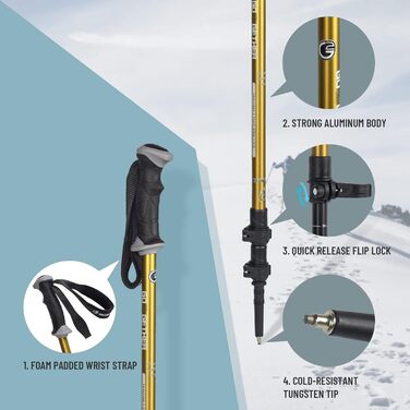 Трекінгові туристичні палиці Алюмінієві туристичні палиці з швидкорегульованими замками - Ручка для комфорту - М'який ремінь - Кошики для снігу прикріплені - підходить для піших прогулянок, прогулянок (жовтий), 2 GO2GETHER