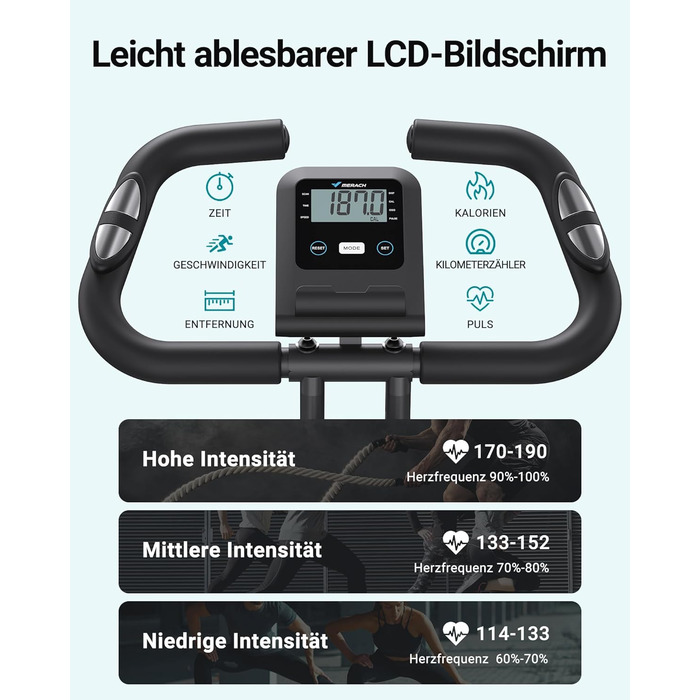 Велотренажер MERACH 4-в-1 складний, велотренажер з РК-монітором і вимірюванням пульсу рукою, велотренажер з магнітним ергометром зі зручною подушкою сидіння, фітнес-велосипеди для дому, компактний чорний