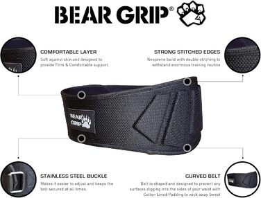 Пояс для важкої атлетики BEAR GRIP, неопрен, вигнутий, підтримка спини, поперекова підтримка, фітнес, бодібілдинг, чорний (M)