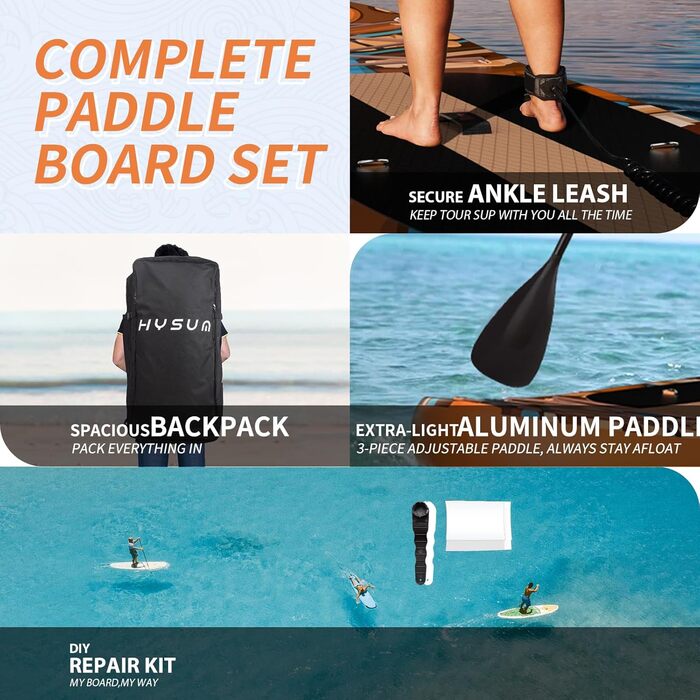 Надувна SUP-дошка HYSUM 10'x30''x6'' з аксесуарами – ультралегка дошка для веслування стоячи для всіх рівнів, весло, плавники, ремінець, насос, рюкзак