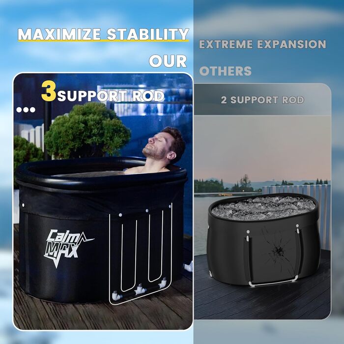 CalmMax XL 478L Овальна льодяна ванна для спортсменів з надувним підголівником і кришкою, портативна ванна для криотерапії, холодних купань вдома