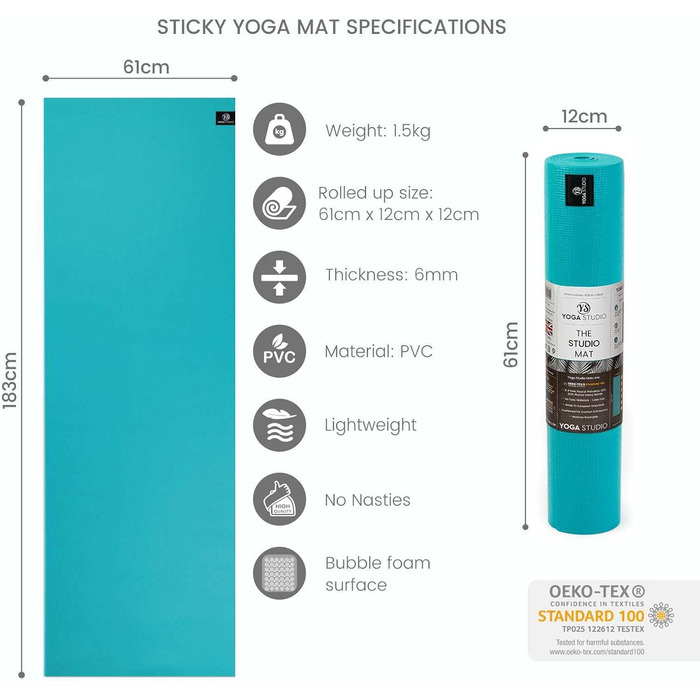 Килимок для йоги Yoga Studio Sticky, бірюзовий, 183x60,6 см, нековзний