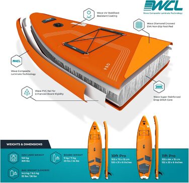 Пакет Wave Pro Professional SUP Надувна дошка для веслування преміум-класу Товщина 15,2 см включаючи аксесуари iSUP, сидіння для заміни байдарки, сумку для перенесення, повідець для щиколотки, ручний насос Широка стійка, нековзна палуба (10 футів, помаран