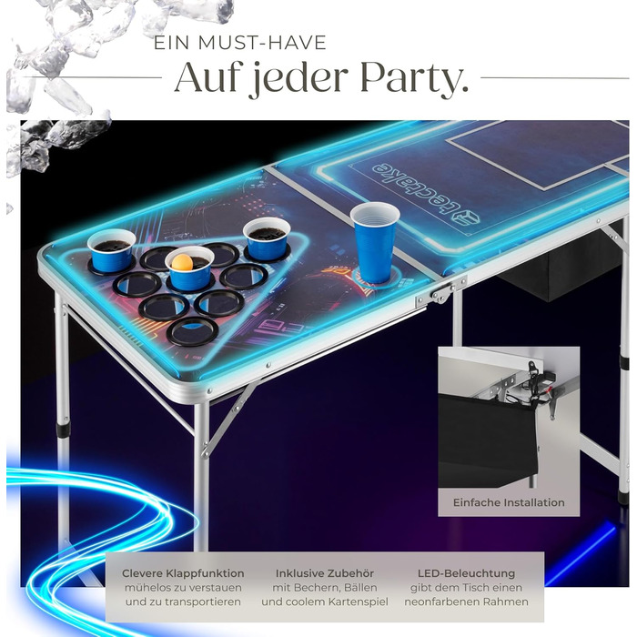 Стіл для пивного пінг-понгу tectake® Beer Pong, складаний, регульований по висоті, з ручками, у комплекті 100 стаканів (50 червоних, 50 синіх) і 6 м’ячів, настільна гра для вечірок, для дорослих
