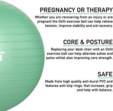 М'яч для вправ OXFIT, Anti-Burst, 70-75см, м'ятно-зелений, насос