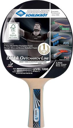 Ракетка для настільного тенісу Donic-Schildkrt Ovtcharov 1000 FSC, AVS, PLS & Ergo Handle, губка 2,3 мм, FSC дерево, енергетика - гума ITTF, 754412 One Size