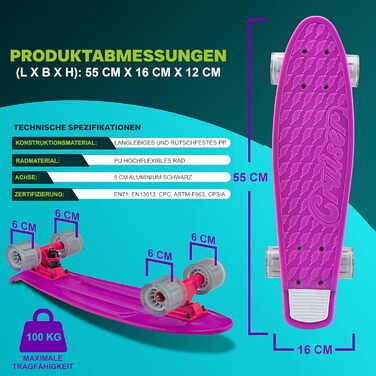 Скейтборд Hurtle Mini Cruiser для дітей та дорослих, пенні-борд з LED колесами, антиковзке покриття, для початківців і досвідчених, до 100 кг