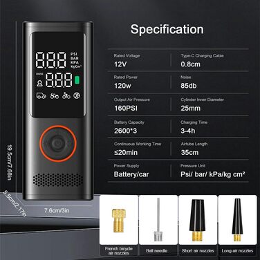 Портативний компресор YOUNICE 160PSI 120W з акумулятором 7800мАг, електрична міні насос для шин з LCD-дисплеєм і LED, для авто, мото, велосипеда, м'ячів
