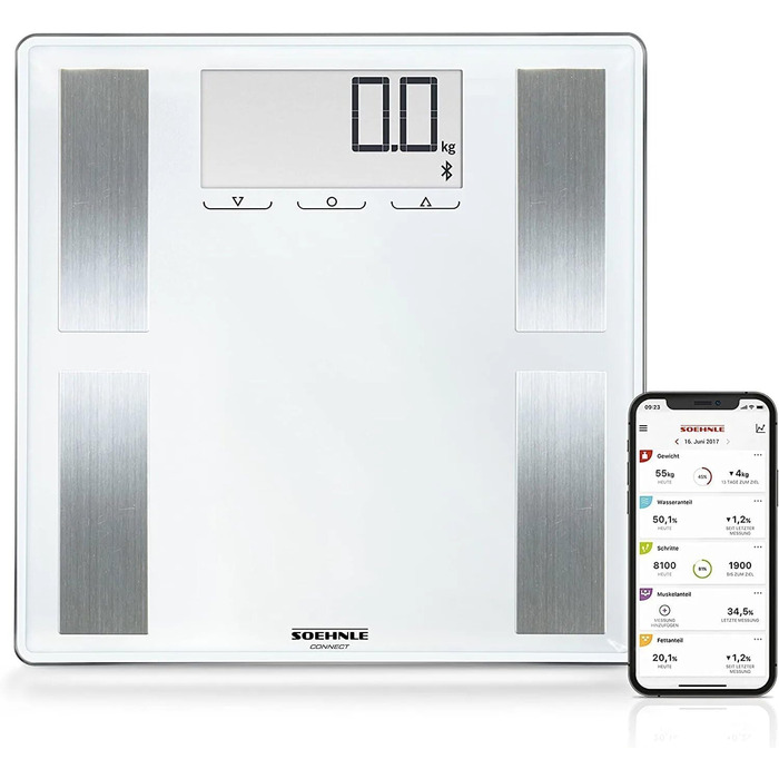 Шкала жиру в організмі Soehnle Shape Sense Connect 100 з Bluetooth, додаток Bathroom Scale plus, шкала аналізу жиру в організмі для BIA Premium Body Analysis, шкала жиру в організмі з додатком і великим РК-дисплеєм