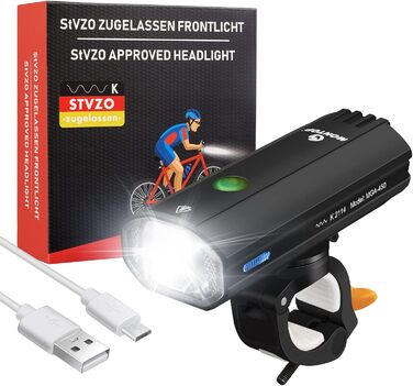 Світлодіодний велосипедний ліхтар StVZO з USB акумулятором, набір переднього та заднього світла для велосипеда, фара та габарит, велосипедне освітлення для дітей і дорослих, сертифіковане, модель MEGA-450