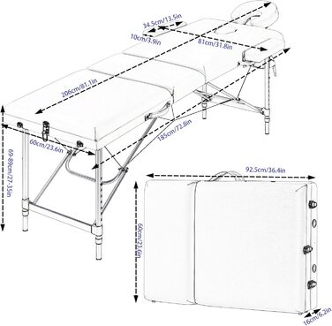 Мобільний масажний стіл VORSCH 3 зони, масажний стіл складний регульований по висоті, портативна масажна лава, косметичний столик, виготовлений з алюмінію, з підлокітниками підголівником, сумка для перенесення підставки для рук, (біла)