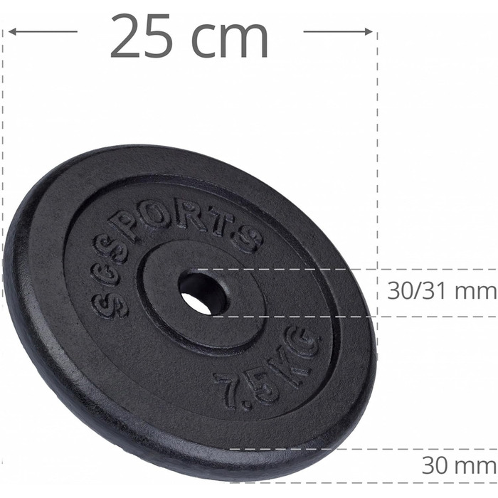 Вагові пластини ScSPORTS - Набір 15/20/30/40/60кг, отвір 30/31 мм, чавун, чорний - Набір вагових пластин, Вагові пластини, Обважнювачі для гантелей, Фітнес-пластини, Обважнювачі для гантелей (30 кг (4 x 7,5 кг))