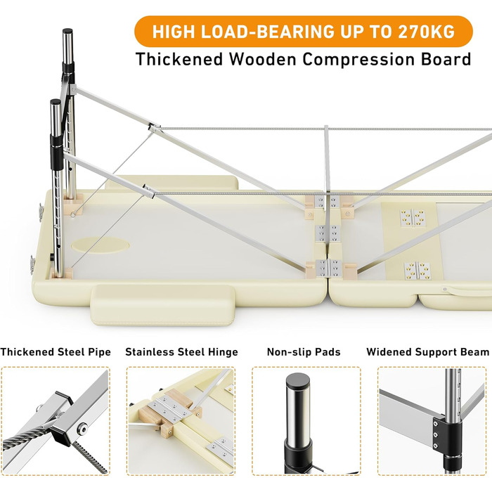 Масажний стіл Brelley Складний 3 зони шириною 70 см Регульований по висоті косметичний стіл Масажна лава, алюмінієвий тату-стіл з підголівником і підлокітниками & сумка бежева