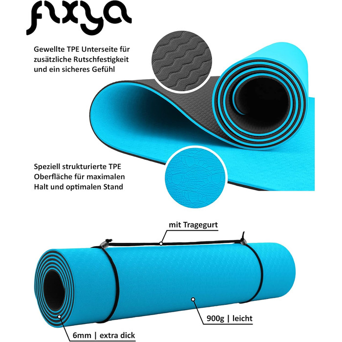 Тренувальний килимок для йоги FLXYA TPE без фталатів 183 x 61 x 0,6 см, опціонально з NBR Yoga Pad 25 x 61 x 1,5 см, не ковзає, подушки для фітнесу подушка для коліна подушка для йоги килимок для спорту Пілатес малий ремінь для перенесення світло-блакитни