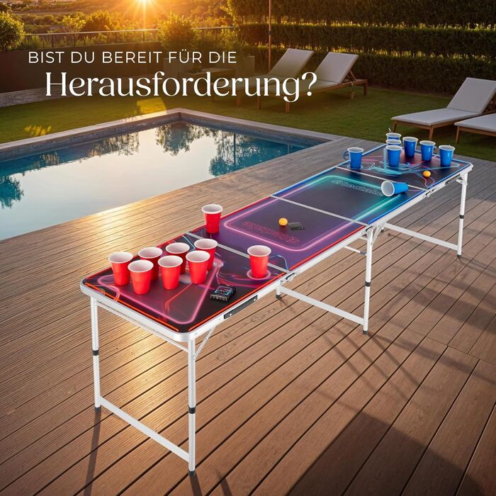 Стіл для пивного пінг-понгу tectake Beer Pong, складаний, регульований, з 100 склянками (50 червоних, 50 синіх) та 6 м'ячами, для вечірок і дорослих