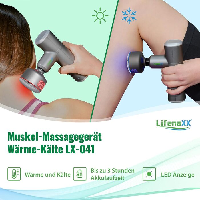 Масажер для м'язів Lifenaxx Heat-Cold Therapy Pro LX-041 - Масажний пістолет з функцією нагрівання та холоду в 6 рівнях, 5 масажних головок, час автономної роботи 2000 мАг