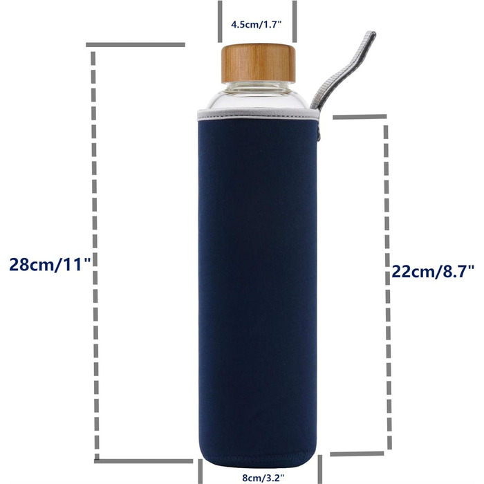 Пляшка для води Sunkey Скляна пляшка для води 1 літр із захисною кришкою Бамбукова кришка Маркери часу Скляна пляшка To Go 1000 мл (темно-синій)