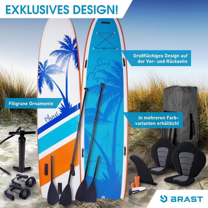 Сім'я BRAST SUP Board Надувний набір весл XXL Від 370x87x15см до 210 кг багато моделей з аксесуарами 2 шт. сидіння для байдарки 2 шт. ремінь для ніг 2 шт. рюкзак для веслування Гаваї