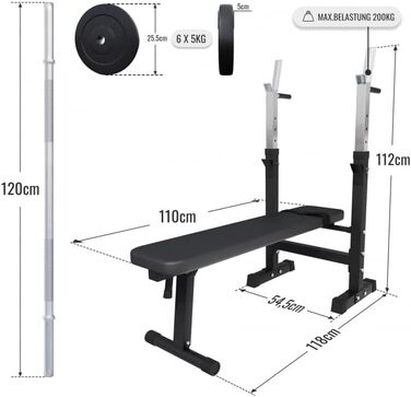 Лава для ваги GORILLA SPORTS - в т.ч. набір гантелей 38/70/100кг, полиця, станція занурення, регульована по висоті, складана, до 200 кг, чорна/біла - тренувальна лава з набором штанги, лава для штовхання, похила лава, плоска лава а) чорна 38 кг