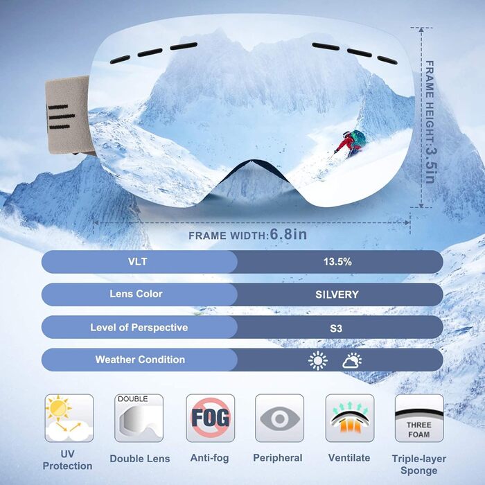 Чоловічі лижні окуляри OTG для тих, хто носить окуляри, Дзеркальні снігові окуляри із захистом від ультрафіолету Жіночі лижні окуляри проти запотівання VLT 13.5 Silver Mirrored