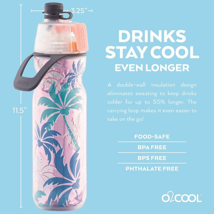 Пляшка для води O2COOL Mist 'N Sip 2в1 з функцією туману та пиття без протікання (рожева пальма)