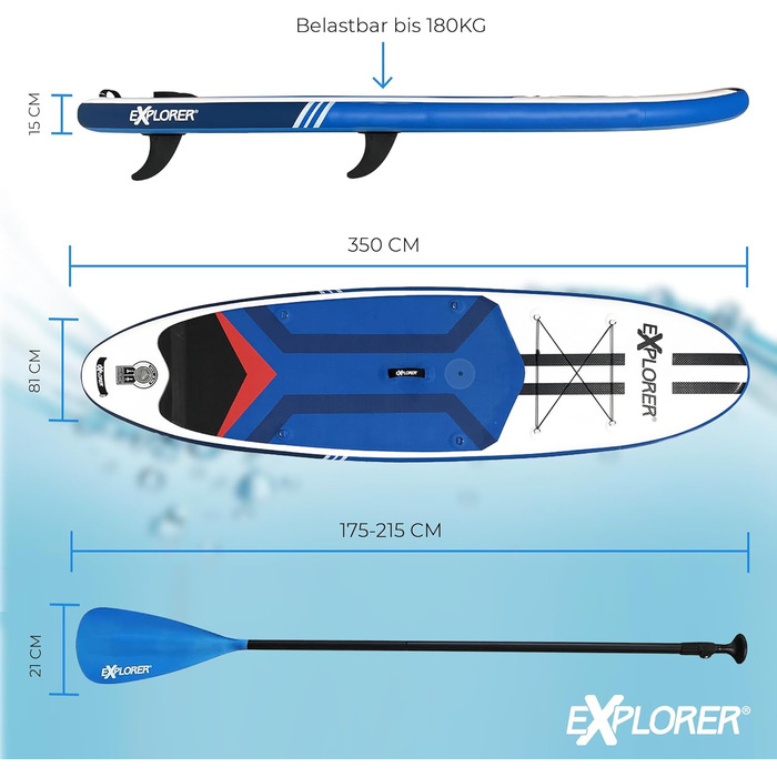 Дошка для веслування EXPLORER SUP Fusion Stand Up до 180 кг Повний комплект з алюмінієвим веслом, рюкзаком, насосом, плавником і набором патчів. (ВІНДСЕРФІНГ 11.6)