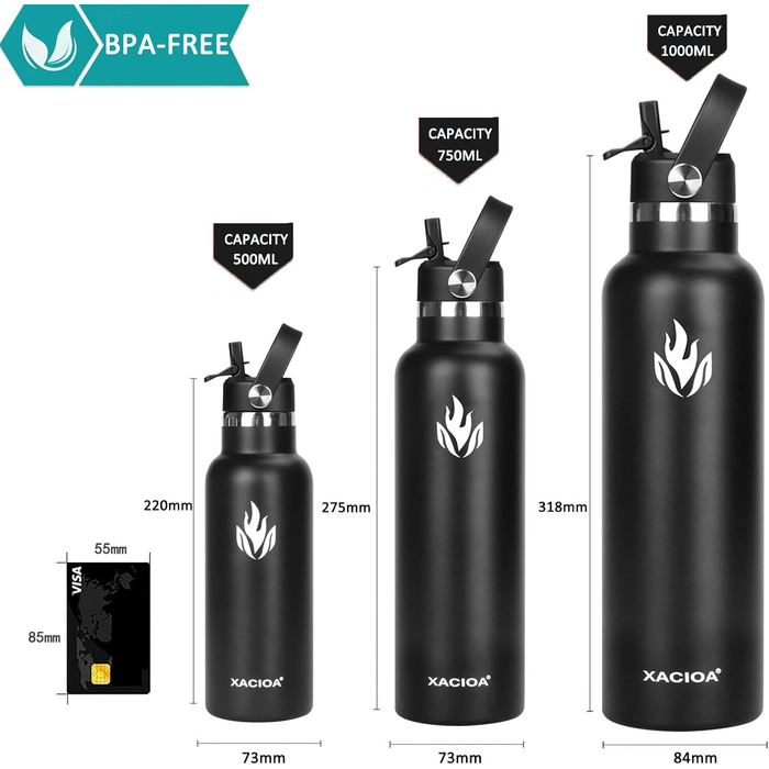 Пляшка для пиття XACIOA з нержавіючої сталі - 500 мл, 750 мл, 1 л, герметичний термос із соломинкою, герметична вакуумна колба без бісфенолу А, пляшка-термос з подвійними стінками для спорту, фітнесу (750 мл, чорна)